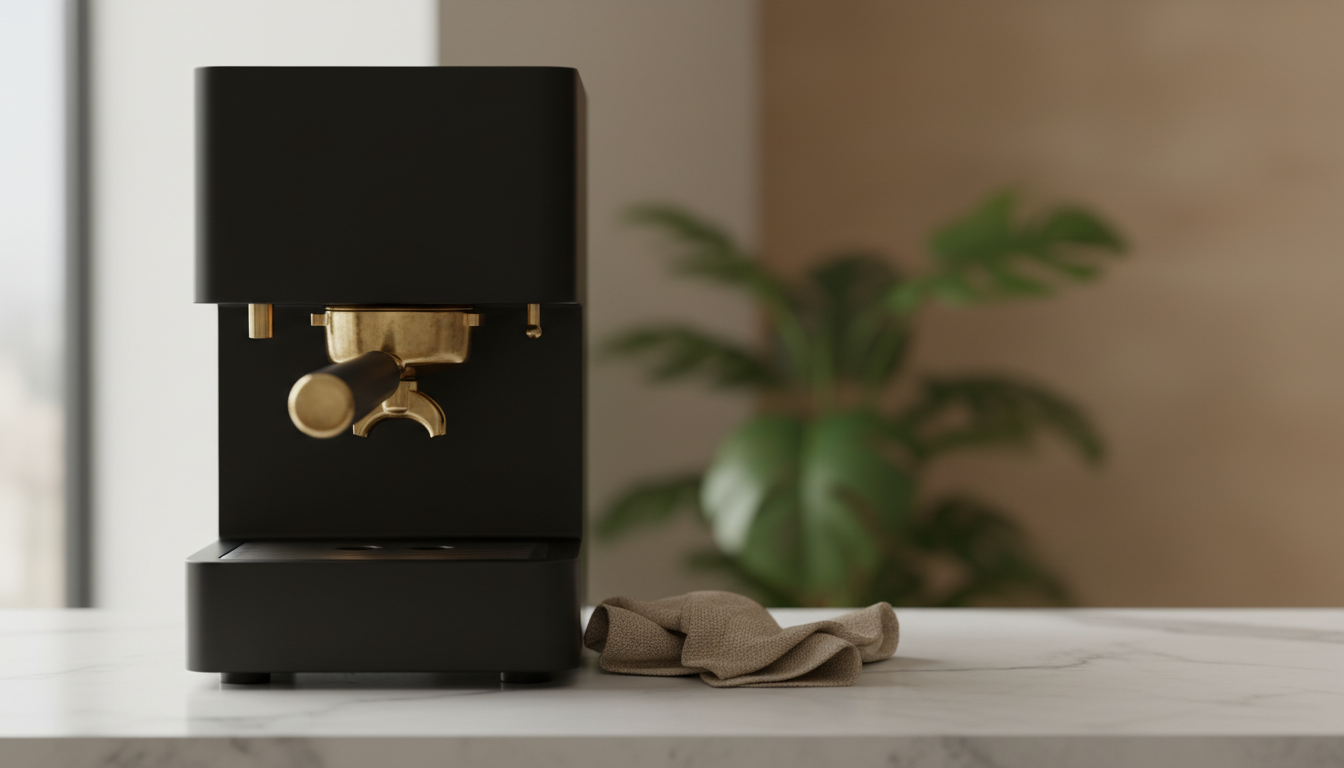 Matte black espresso machine with a brass portafilter on a marble counter in morning light